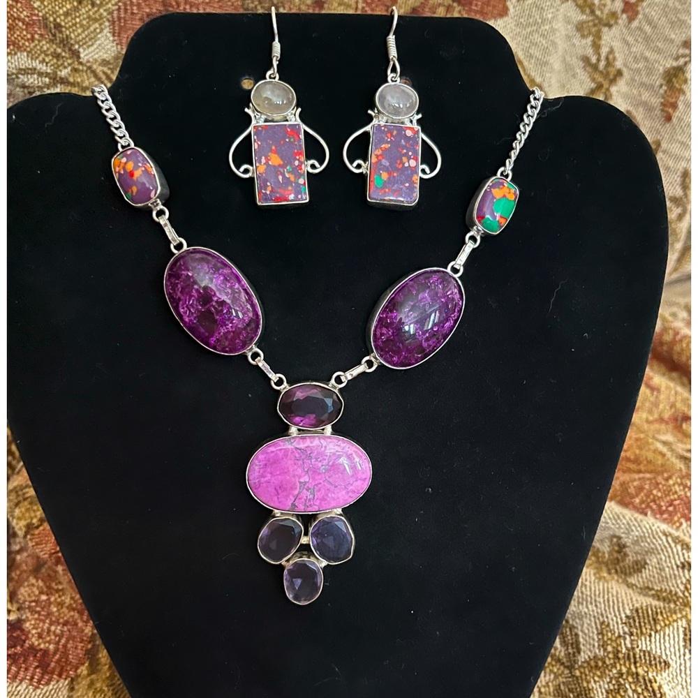 New Snakeskin Quartz Mosaic Jasper Amethyst Agate Necklace and Earring Set 925